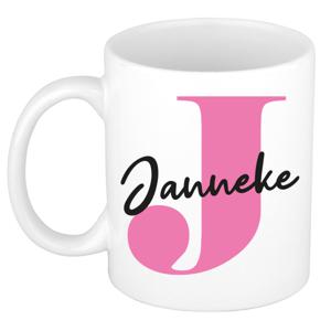 Naam mok Janneke - roze - wit - keramiek - 300 ml - verjaardag/cadeau beker