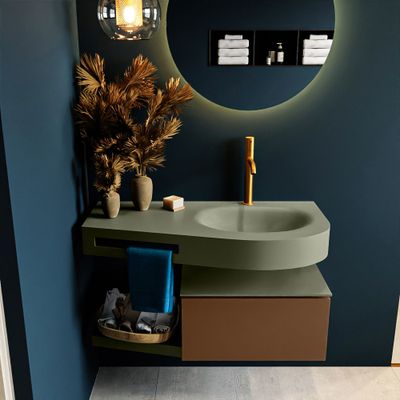 MONDIAZ RIVA 100cm badmeubel onderkast / planchet kleur Rust met 1 lade. Wastafel DULCET rechts 1 kraangat kleur Army. MONDIAZ RIVA 100cm badmeubel onderkast / planchet kleur Rust met 1 lade. Wastafel DULCET rechts 1 kraangat kleur Army.