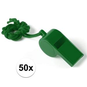 Fluitjes van kunststof - Multipack van 50x stuks - groen - aan koordje - herrie maken - sport