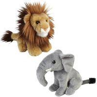 Knuffeldieren set leeuw en olifant pluche knuffels 18 cm - Knuffeldier