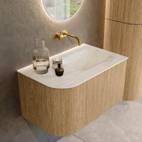 Mondiaz KURVE-DLUX 75 cm Onderkast Greeploos 1 Lade Met Deuren Oak, Wastafel Solid Surface Rechts Ostra 0 Kraangaten Zonder Spiegel (KRVGRU75L1L1D0KR-Oak/Ost)