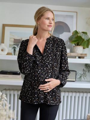 Zwangerschaps- en voedingsblouse van ribfluweel met print zwart