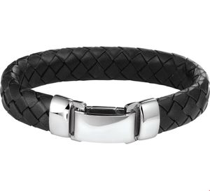 Armband leder-staal zwart-zilverkleurig 13,5 mm 19 cm