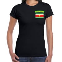Suriname t-shirt met vlag zwart op borst voor dames - thumbnail