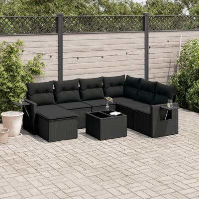 8-delige Loungeset met kussens poly rattan zwart