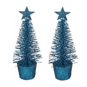 Set van 2x stuks glitter mini kerstboompjes blauw