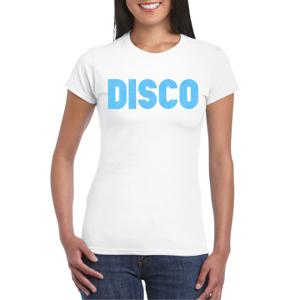 Bellatio Decorations Verkleed T-shirt dames - disco - wit - blauw glitter - jaren 70/80 - carnaval 2XL  -
