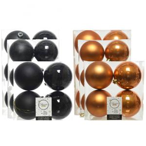 Kerstversiering kunststof kerstballen mix zwart/cognac 6-8-10 cm pakket van 44x stuks - Kerstbal