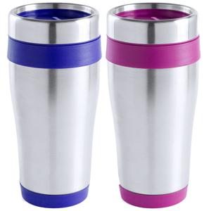 Warmhoudbekers/thermos isoleer koffiebekers/mokken - 2x stuks - RVS - donkerblauw en roze - 450 ml