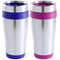 Warmhoudbekers/thermos isoleer koffiebekers/mokken - 2x stuks - RVS - donkerblauw en roze - 450 ml - thumbnail