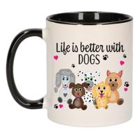 Cadeau koffie/thee mok - life is better with dogs - zwart oor - honden