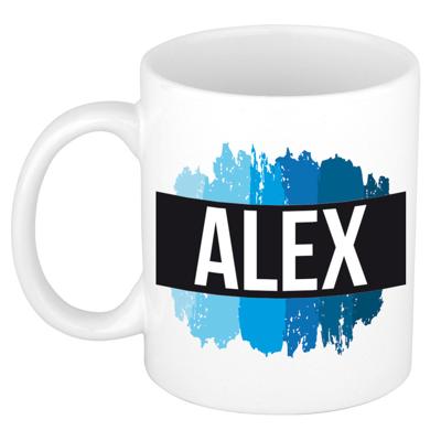 Alex naam cadeau koffie mok - beker - met blauw verfstrepen - Cadeau collega - vaderdag
