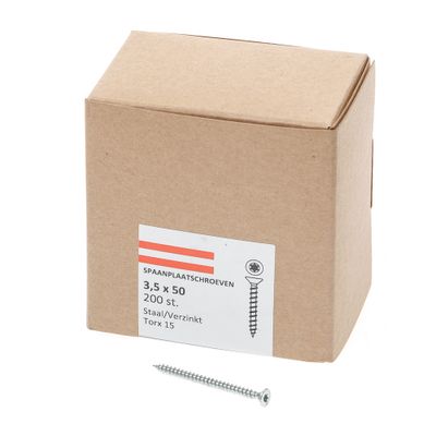 Spaanplaatschroef verzinkt platkop torx-15 3.5X50 voldraad (200) Spaanplaatschroef verzinkt platkop torx-15 3.5X50 voldraad (200)