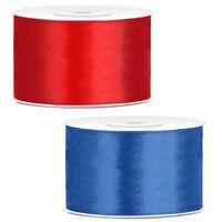 Sierlinten/cadeaulinten/satijnen linten - Set 2x stuks - rood en kobalt blauw - 38 mm x 25 meter - thumbnail