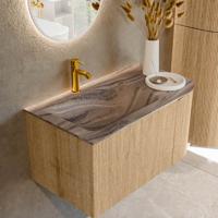 Badmeubel Mondiaz Kurve-Dlux | 85 cm | Meubelkleur Oak | Wastafelkleur Sombra | Solid surface | Wasbak linker zijde spoelbak | 1 kraangat