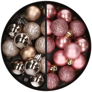 34x stuks kunststof kerstballen champagne en oudroze 3 cm