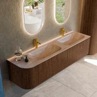 Badmeubel Mondiaz Kurve-Dlux | 175 cm | Meubelkleur Walnut | Wastafelkleur Saba | Solid surface | Dubbel / Rechts spoelbak | 2 kraangaten
