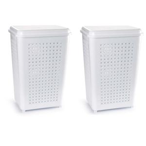 Wasmand met deksel - 2x stuks - 50 liter - wit - kunststof - 41 x 31 x 61 cm