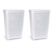 Wasmand met deksel - 2x stuks - 50 liter - wit - kunststof - 41 x 31 x 61 cm