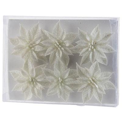 Bloemen op clip - 6x st - wit - glitter - 8 cm - kerstversiering