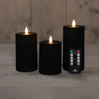 Anna&apos;s Collection LED kaars flame effect ribbel set 7.5 cm zwart 3 stuks