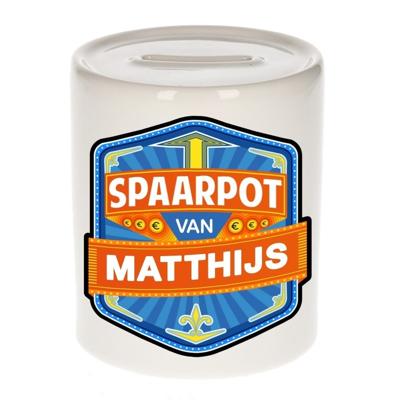 Kinder spaarpot met naam - Matthijs - keramiek - met dop - wit - Sparen - Spaargeld van Matthijs