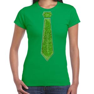 Verkleed t-shirt voor dames - stropdas glitter groen - groen - carnaval - foute party