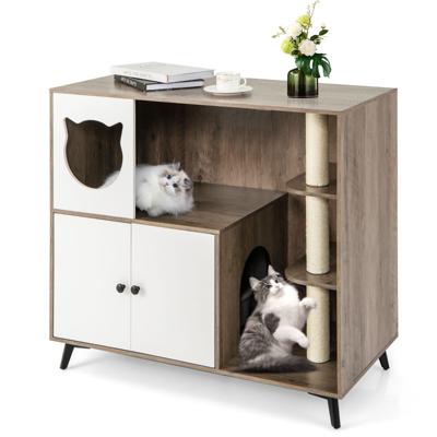 Kattenbak Kast met 3 Sisal Krabpalen Kattenbak Kast met 5 Metalen Steunpoten Grijs+Wit