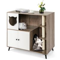 Kattenbak Kast met 3 Sisal Krabpalen Kattenbak Kast met 5 Metalen Steunpoten Grijs+Wit