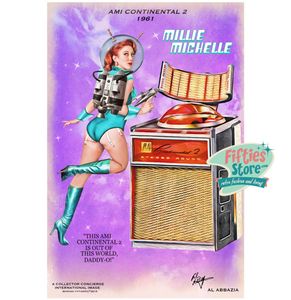 Ami Continental II Jukebox Pin-Up Millie Michelle Zwaar Metalen Bord 44,5 x 29 cm