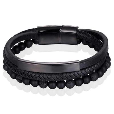 Heren armband Memphis Agaat kraal gevlochten leer Zwart - 19cm