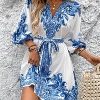 Bon&Bon Apricot Paisley V-Neck A-Line Dress with Lantern Sleeves White / M