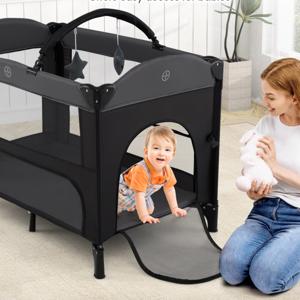 Babyreisbedje met 4 Verstelbare Hoogtes Verschoontafel Matras Veiligheidsnet Opbergruimte Onderin Speelgoedstang en Draagtas