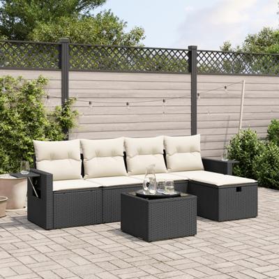 6-delige Loungeset met kussens poly rattan zwart