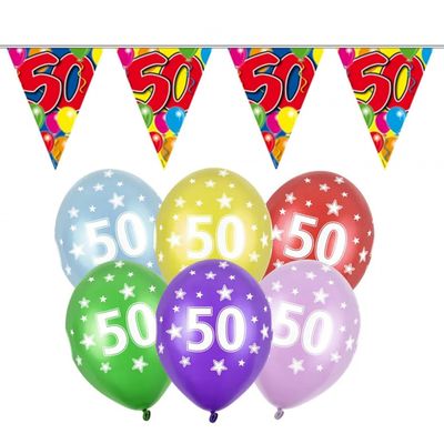 Verjaardag feest 50 jaar versieringen pakket vlaggetjes en ballonnen
