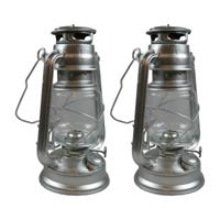 Stormlantaarn - 2x - zilver - op brandstof - 8 x 25 cm - retro campinglamp - thumbnail