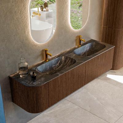 Badmeubel Mondiaz Kurve-Dlux | 175 cm | Meubelkleur Walnut | Wastafelkleur Lava | Solid surface | Dubbele spoelbak | 2 kraangaten