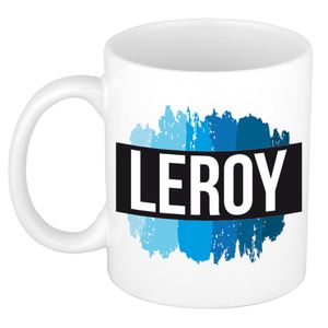 Naam cadeau mok / beker Leroy met blauwe verfstrepen 300 ml   -