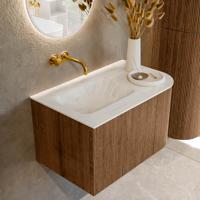 Mondiaz KURVE-DLUX 75 cm Onderkast Greeploos 1 Lade Met Deuren Walnut, Wastafel Solid Surface Links Opalo 0 Kraangaten Zonder Spiegel (KRVGRU75R1L1D0KL-Wal/Opa)