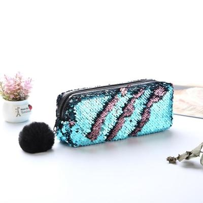 3 stuks omkeerbare Sequin potlood geval voor meisjes school levert super grote briefpapier gift magische make-up tas (blauw + roze)