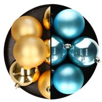 Kerstballen - 12x st - 8 cm - goud en blauw - kunststof - thumbnail