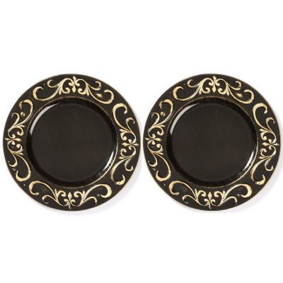 6x Ronde diner/kerstdiner borden/onderborden zwart met goud 33 cm