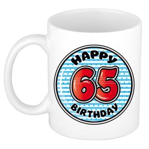 Verjaardag cadeau mok - 65 jaar - blauw - gestreept - 300 ml - keramiek   -