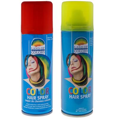 Carnaval verkleed haarverf - haarspray - kleuren geel en rood - 111 ml per flacon Carnaval verkleed haarverf - haarspray - kleuren geel en rood - 111 ml per flacon