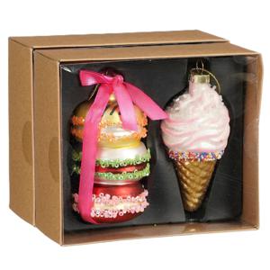 House of Seasons Kersthangers - 4x stuks - glas - macaron en ijsje - kerstornamenten