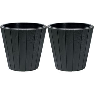 Plantenpot/bloempot Wood Style - 2x - buiten/binnen - kunststof - antraciet - D30 x H28 cm