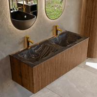 Badmeubel Mondiaz Kurve-Dlux | 120 cm | Meubelkleur Walnut | Wastafelkleur Lava | Solid surface | Dubbele spoelbak | 2 kraangaten