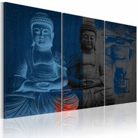 Schilderij - Boeddha - Diepe Meditatie, Blauw, 3luik , premium print op canvas - thumbnail