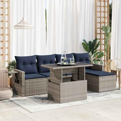6-delige Loungeset met kussens poly rattan acacia zwart