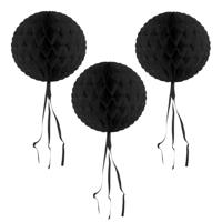 Decoratie bol - 3x - zwart - 30 cm - crepe papier - versiering - feestversiering